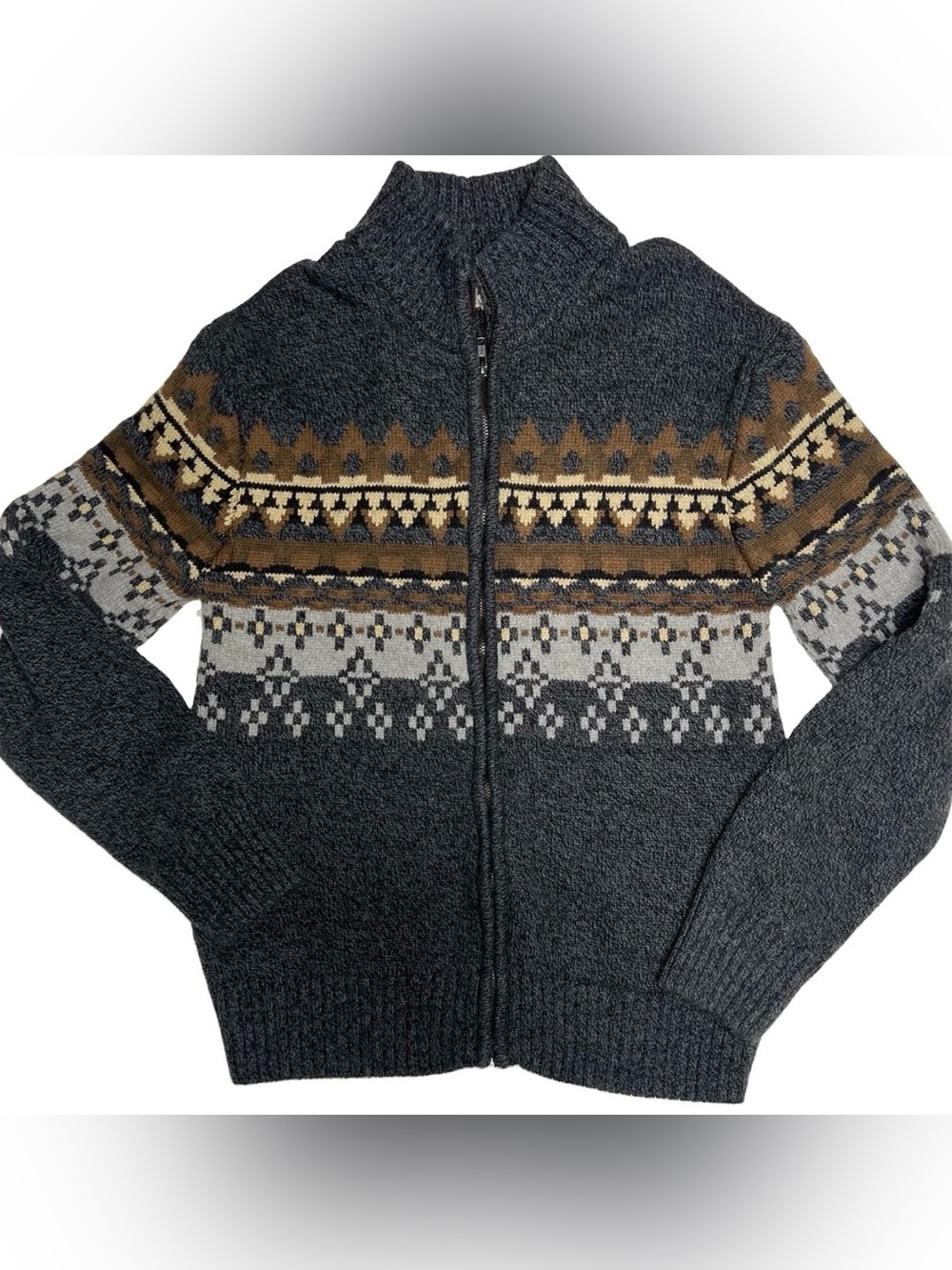 Stetson Men M Gray Aztec Full Zip Sweater Cardigan Southwestern Knit Wool Cowboy